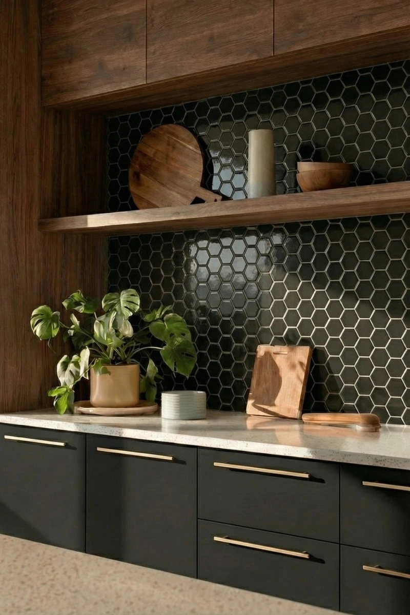 jakie-plytki-w-kuchni-miedzy-meblami-heksagon-duzy-czarny-matowy-raw-decor